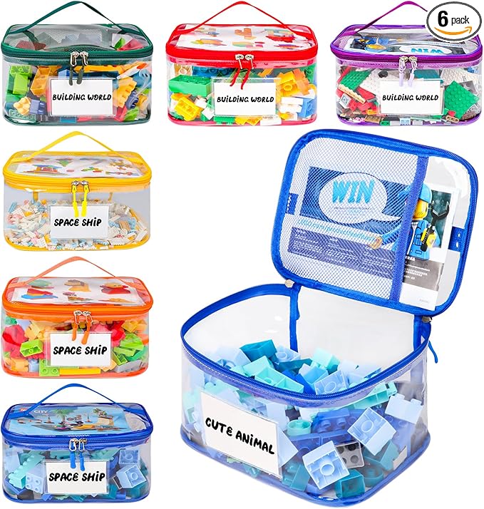 Tesuko 6 Pack Clear Toy Storage Bag with Name Tag& Manual Pocket, Waterproof Transparent PVC Toy Organizer Case for Lego Bric