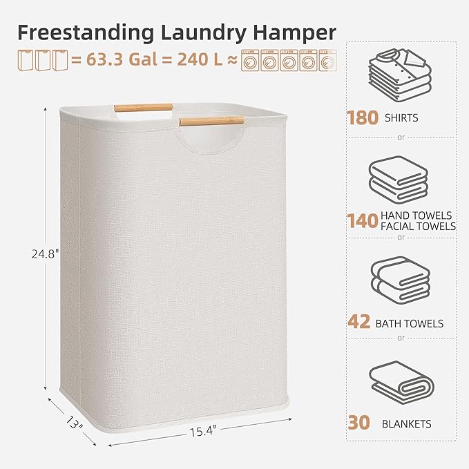 STORAGE MANIAC 3-Pack Large Laundry Hamper, 80L (21.1 Gal) Collapsible Laundry Basket with Bamboo Handles, Freestanding Water