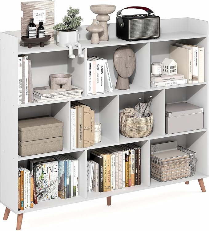 Furinno Claude Book Shelf, 10-Cube Mid Century Style Bookshelf, Bookcase, Storage Organizer with Wood Legs, 9.4" x 55.1" x 45