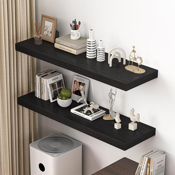 Dreamland 48" Floating Shelves for Wall, 12" Deep Thicker Black Floating Shelves, Wall-Mounted Shelves for Bedroom, Living Ro