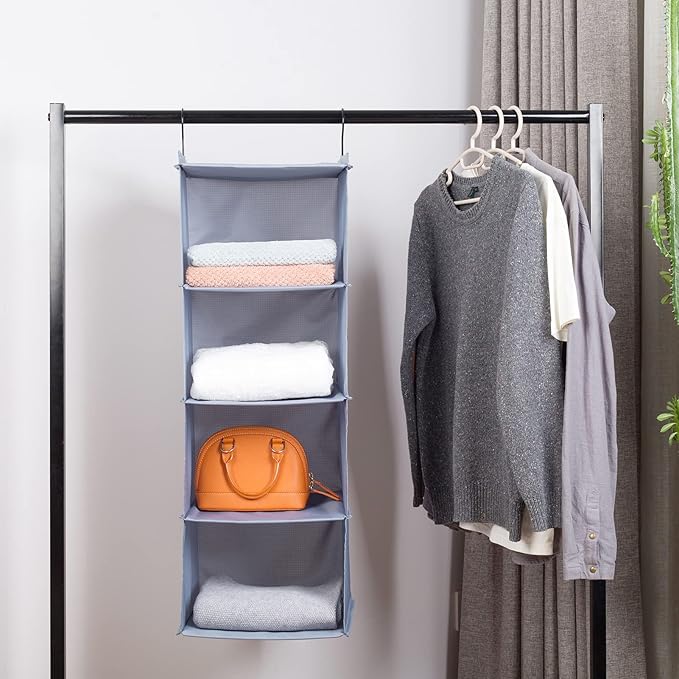 Hanging Closet Organizer, Easy Mount Foldable 4-Shelf Hanging Closet Wardrobe Storage Shelves, Clothes Handbag Shoes Accessor