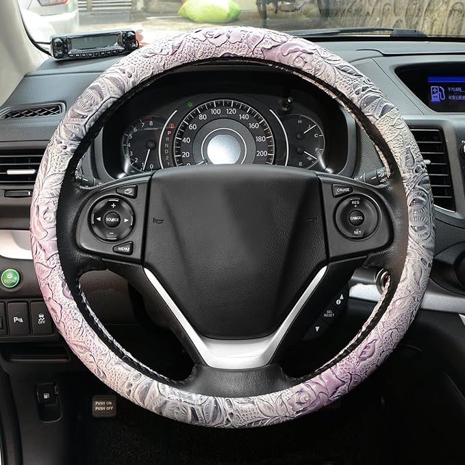 Car Steering Wheel Cover Universal 15 Inch Middle Size Auto Anti-Slip Leather Wheel Protector with Flower Grain Design White Style