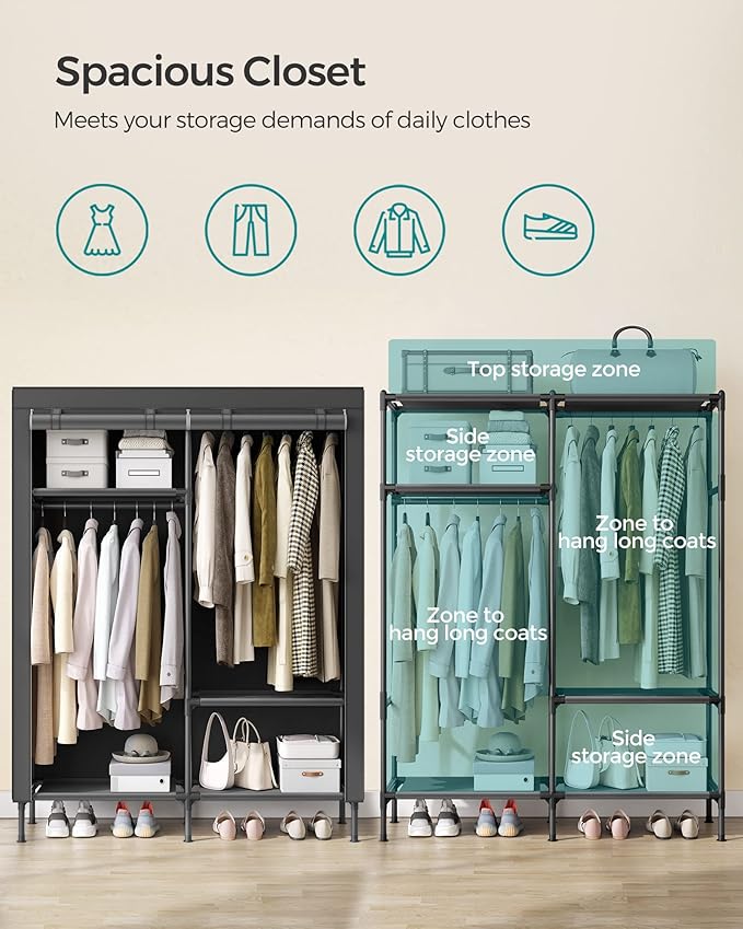 SONGMICS Wardrobe Closet, 65 Inch Heavy Duty Portable Closet, Freestanding Closet Organizer, Clothes Rack with Cover, 2 Hangi