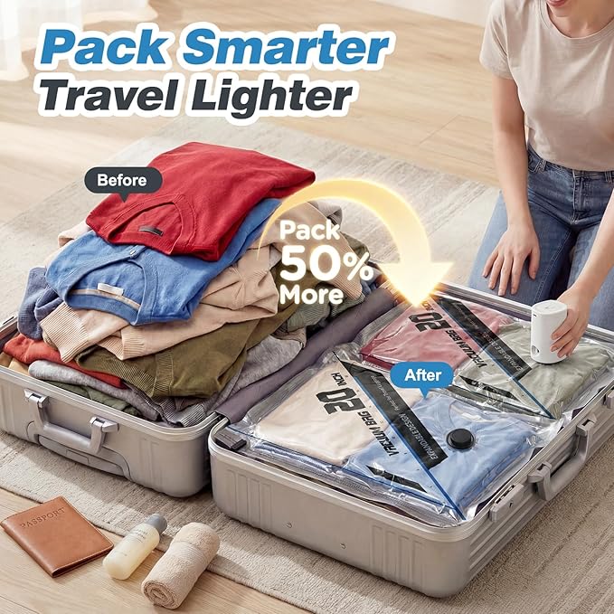 Vacuum Seal Bags for Clothing Travel with Rechargeable Electric Pump, Space Saver Vacuum Storage Bags Travel, Reusable Compre