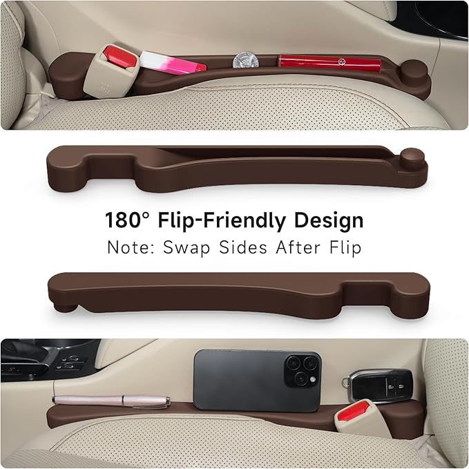 Car Seat Gap Filler Set of 2, 3IN1 Seat Side Gap Filler Plug with Storage Slot & Hook Function, Soft Foam Universal Fit Car SUV Truck Fill Gap Between Seats Console Organizer（Narrow Brown）