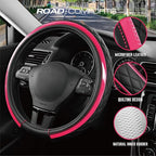 Road Comforts Leather Steering Wheel Cover – Black & Hot Pink, Universal Fit 14.5-15 Inch, Microfiber Leather, Anti-Slip & Br