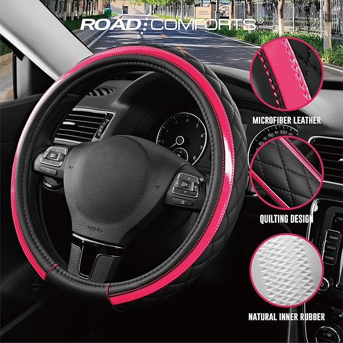 Road Comforts Leather Steering Wheel Cover – Black & Hot Pink, Universal Fit 14.5-15 Inch, Microfiber Leather, Anti-Slip & Br
