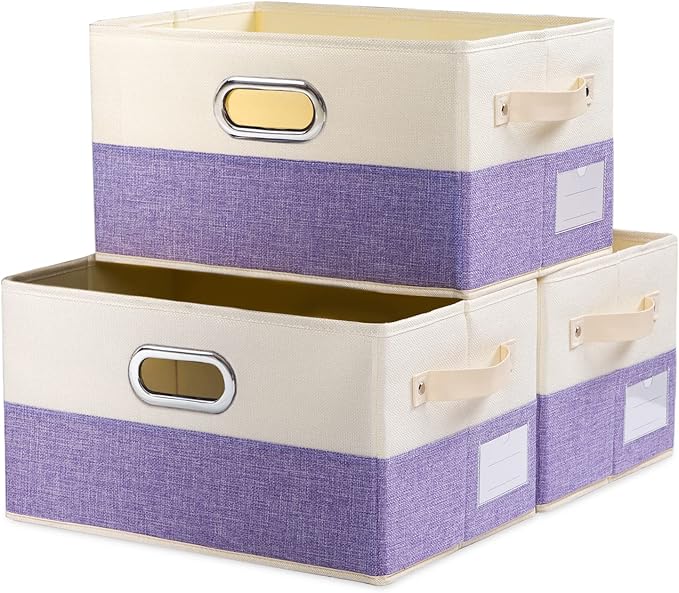 PRANDOM Large Fodable Storage Bins for Closet [3-pack] Decorative Fabric Storage Baskets Cubes with Leather/Metal Handles for