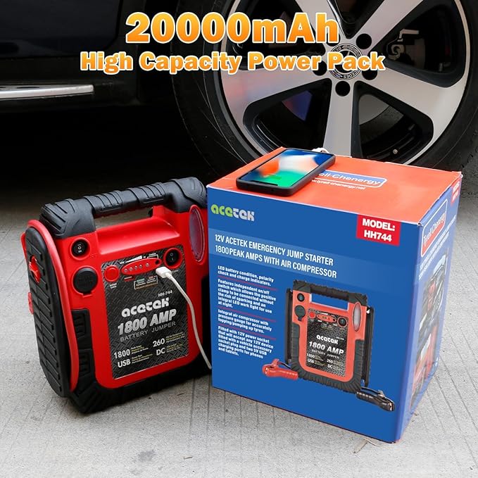 1800 Amp Jump Starter with Air Compressor, acetek Car Battery Jump Starter 260 PSI Tire Inflator, 20000mAh 12V Auto