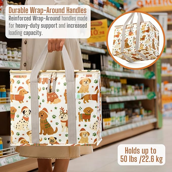 VENO 2 Pack Cooler Bag, Insulated Grocery Bags for Food Delivery, Collapsible Cooler, Reusable Shopping Bags for Groceries, Hard Bottom, Water Resistant, Zippered, Foldable (Holiday Pups, 2 Pack)