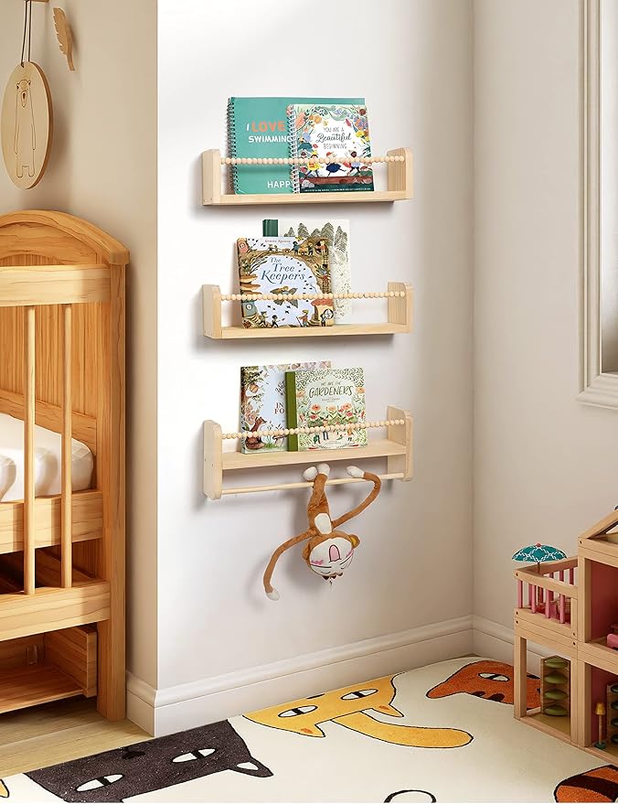 Maxpeuvon Nursery Floating Shelves for Wall, Set of 3 Book Shelves Natural Wood Wall Mounted Organizer with Towel Bar Hanging