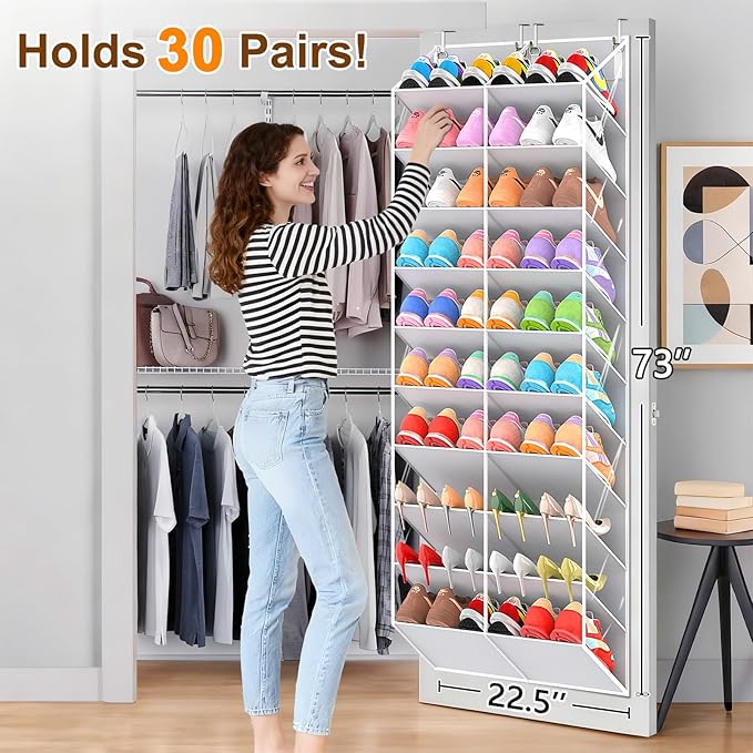 UVIAHOMI 20-30 Pairs Over the Door Shoe Organizer, Clear Pockets Hanging Shoe Storage for Closet, 10-Tier Door Shoes Rack, Ha