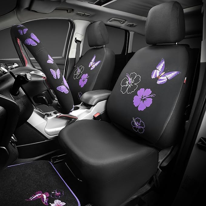 CAR PASS Universal Cloth Butterfly Car Seat Covers Full Set, Embroidered Flower Waterproof Car Floor Mats Carpet, Butterflies