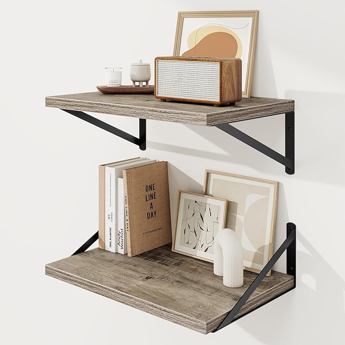 Floating Shelves, 12 Inch Deep Rustic Wood Wall Storage, 16W x 12D Wall Shelves Set of 2, Heavy Duty Metal Brackets, Large In