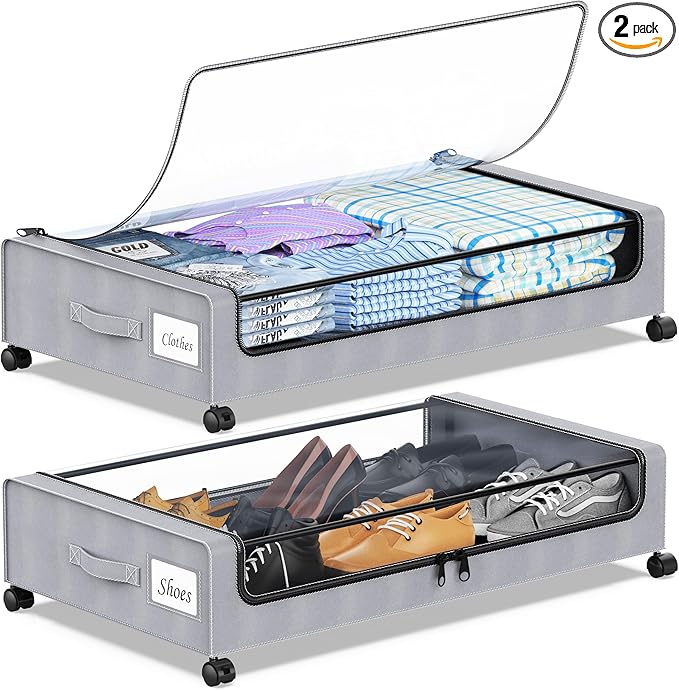 Under Bed Storage with Wheels, 2-Pack Under the Bed Storage Containers with Clear Lids & Label, Underbed Storage Bins, XXL 60
