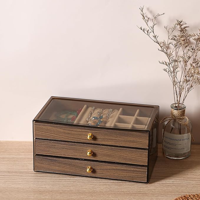 CLUQMEIK 3 Layer Acrylic Case Wooden Drawer Jewelry Organizer with Velvet Lining, Jewelry Box for Women and Girls to Store Ri