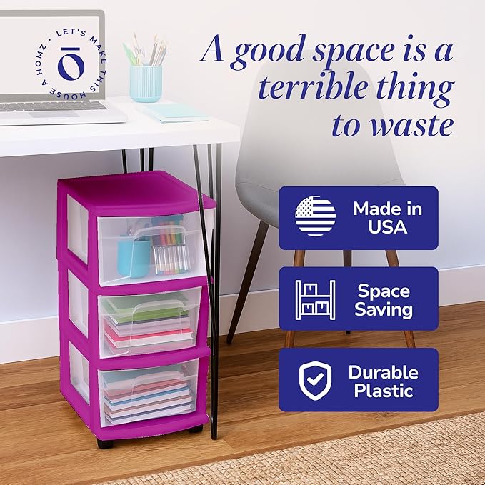 HOMZ Drawer Tower, 3-Tier Clear Plastic Storage Organizer Cart, Purple Frame - Rolling Drawer Containers with Wheels for Bath