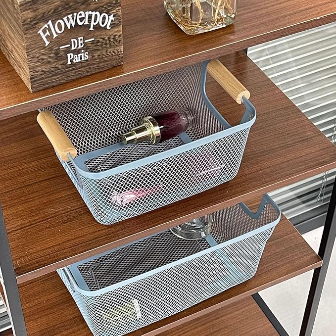 AJIODA Metal Mesh Steel Basket, Large Wire Storage Organizer Basket Multi-function Hanging Kitchen Baskets with Wood Handle f