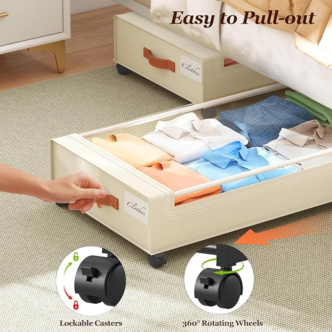 Yecaye Under Bed Storage with Wheels 2 Pack, 85L Extra Large Under Bed Storage Containers with Metal Frame & Clear Lid, Rolli