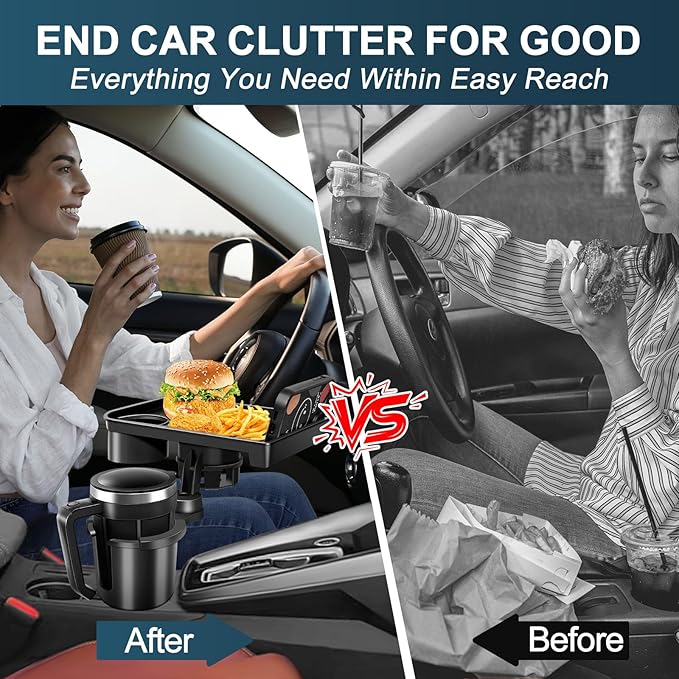 JPart Car Cup Holder Tray, Cup Holder Expander, 2 in 1 Detachable Car Food Tray with 360°Rotation Tray for Eating, Storage an