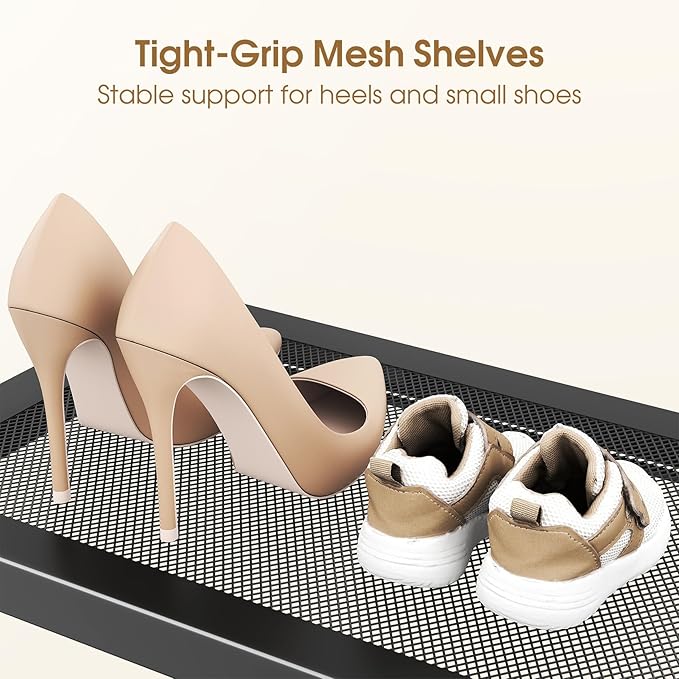SAYZH Expandable Shoe Rack for Closet, Adjustable Metal Shoe Organizer with Sturdy Mesh Shelves for Boots & Heels, Stackable 