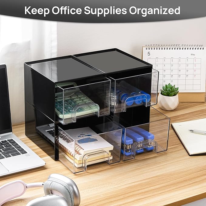 Vtopmart Black Small Stackable Storage Drawers, Cologne Organizer for Men,Plastic Containers for Vanity, Dresser,Office Desk,