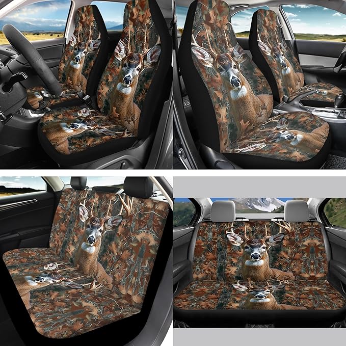 Camouflage Hunting Deer 13 Pack Car Seat Cover Set for Front and Rear, Auto Interior Accessories Full Set for Women Men Car Seat Protective Covers Universal Fits for Most Vehicles