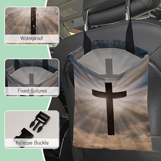 Jesus Christ Cross Car Trash Bag,Hanging Drawstring Car Garbage Bag,Waterproof Canvas Car Back Seat Organizer with Adjustable Buckle,for Vehicles,SUVs,Camping,Road Trips