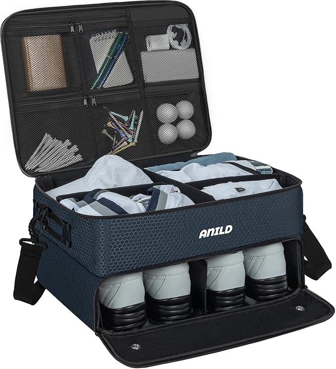 ANILD Golf Trunk Organizer, 2 Layer Golf Storage Case with Separate Ventilated Compartment for 2 Pair Shoes, for Balls, Tees,