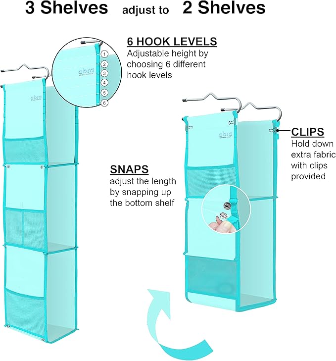 ABRA® 3 Shelf Hanging Locker Organizer for School, Work, Gym, Storage | Deep Shelves 6.5" x 9”| Eco-Friendly Fabric | Adjusta