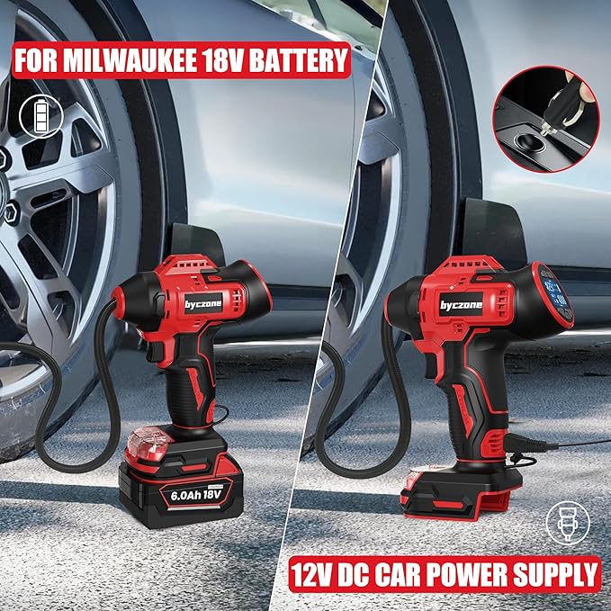 Tire Inflator Compatible with MILWAUKEE 18V Max Battery, 160 PSI Cordless Air Compressor With 12V DC Car Adapter,LCD Digital Pressure Gauge for Car, Bike, Sport Ball (No Battery)