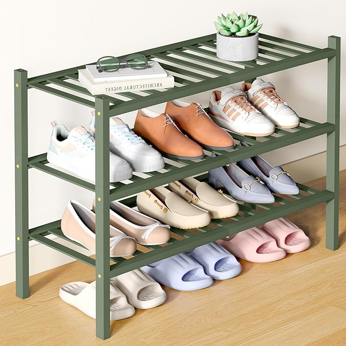 Smiry Bamboo Shoe Rack for Closet, 3 Tier Wooden Stackable Shoe Organizer, Free Standing Shoes Storage Shelf for Entryway, Fr