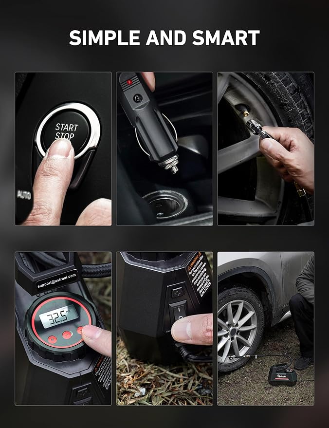 AstroAI Tire Inflator Portable Air Compressor Tire Air Pump for Car Tires - Car Accessories, 9.8Ft Cord-12V DC-Powered Auto Pump with Digital Pressure Gauge, LED Light for Bicycle, Balloons, Red