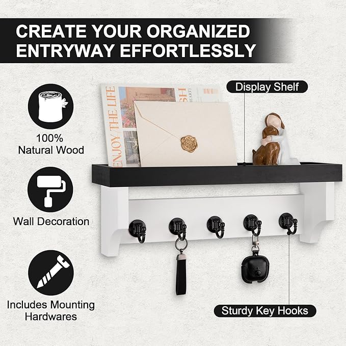 Key and Mail Holder Wall Mount, Key Holder with Shelf and Mail Organizer Wall Mount. Mail Holder with 5 Hooks for Coat, Dog L