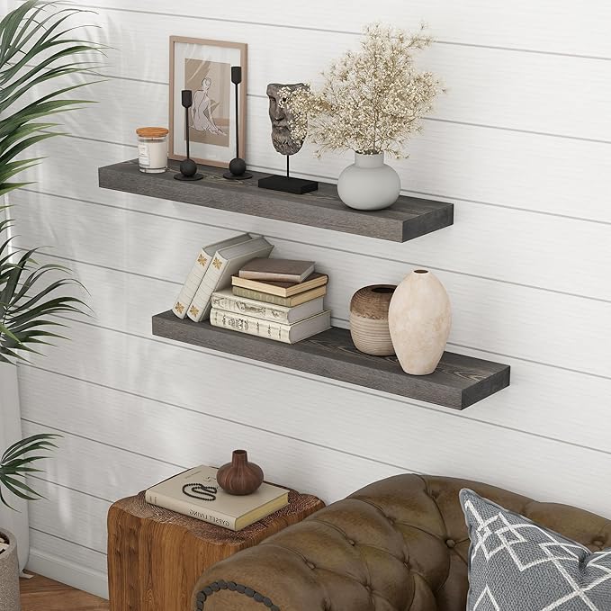 Marsmiles Floating Shelves for Wall - 36 Inch Grey Wood Floating Shelves Set of 2-36 Inch Wide x 7.7 Inch Deep x 1.6 Inch Thi