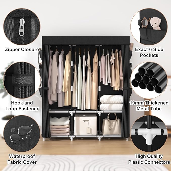 VTRIN Portable Closet for Hanging Clothes 52 Inch Wide Portable Wardrobe Closet with Cover, 6 Storage Shelves and 3 Hanging R
