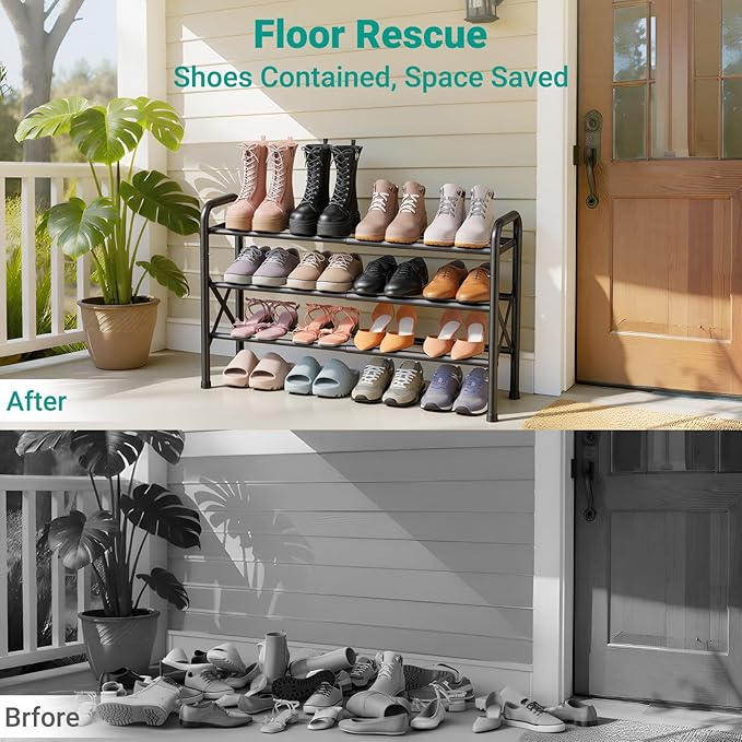 YEASHEIN 3-Tier Expandable Shoe Rack for Closet Floor, X-Frame Metal Small Shoe Rack for Entryway, Adjustable Shoe Shelf Orga