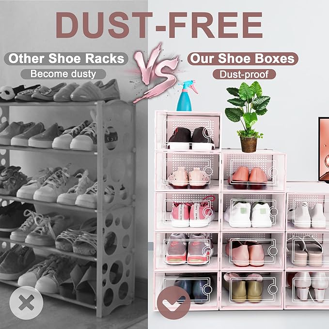 Kuject Shoe Organizers Storage Boxes for Closet, 12 Pack Clear Plastic Stackable Storage Bins with Lids, Under Bed Shoe Conta