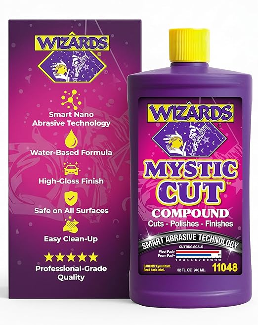 Wizards Mystic Cut Smart Abrasive for Auto Detailing Supplies - No Mess Scratch Remover for Vehicles - Water Based Cutting Compound - Removes Swirls, Defects, Fading, Water Spots - 32 oz