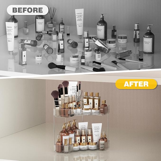 Asayuee 2-Tier Corner Bathroom Counter Organizer with Top Toothbrush Holders,Large Makeup Organizer Countertop with Brush Hol