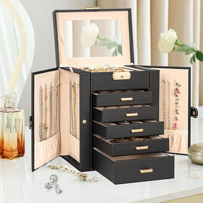 AKOZLIN 6-Tier Jewelry Box Lockable Leather Jewelry Storage Case with 5 Drawers for Women Girls Ring Necklace Earring Bracele
