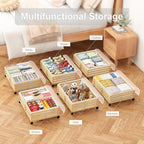 Under Bed Storage Containers With Wheels - 2 Pcs Bamboo Wood Rolling Underbed Shoe Storage Bins With Dust Bags for Clothes Bl