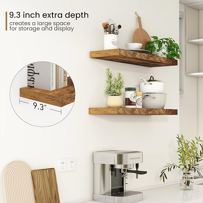 Fun Memories 32Inch Floating Shelves, 9.3Inch Deep Rustic Wall Shelves - Extra Deeper & Thicker Wall Mounted Storage Shelf fo