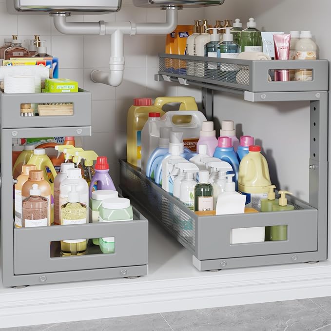 2 Pack 20.47IN Depth Under Sink Storage Organizer, Large 2-Tier Elegant Mesh Pull Out Shelf for Kitchen and Bathroom Cabinet 