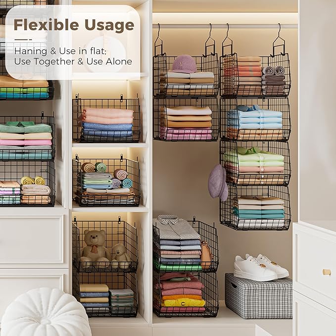 4" Extra Deeper Hanging Closet Organizers and Storage,4 Tier Foldable Wire Cabinet Shelves with 5 S Hooks,Small Metal Basket 