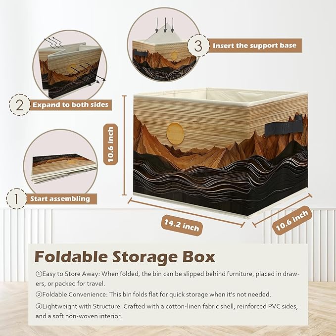 Boho Abstract Sun Mountain Storage Box Bins, Rustic Modern Abstract Boho Collapsible Storage Basket Organizer for Bedroom Lau