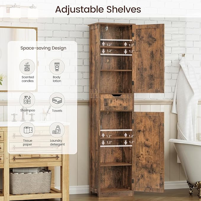 Iwell 67" Tall Storage Cabinet, Bathroom Cabinet with Drawer & Adjustable Shelves, Narrow Storage Cabinet, Floor Cabinet for 