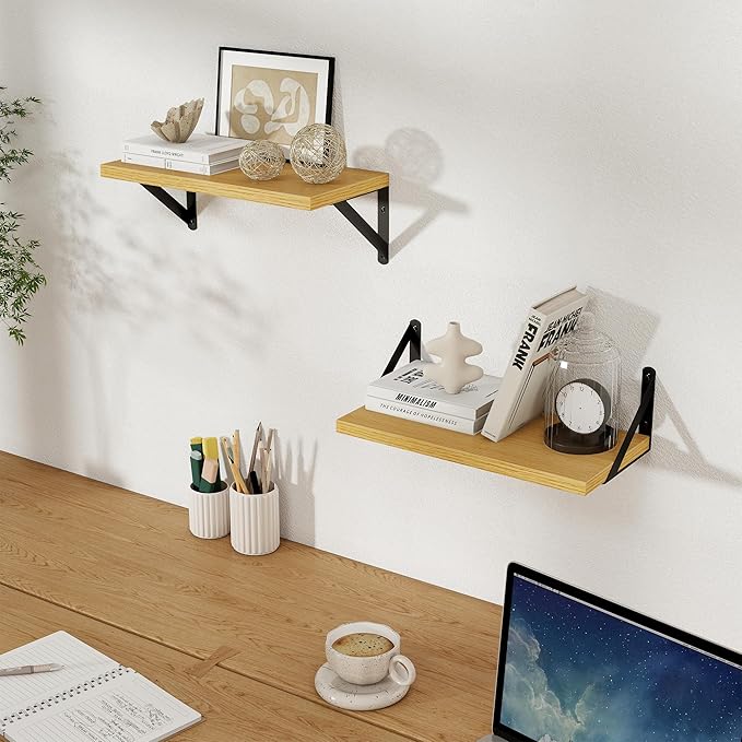 Floating Shelves, 8 Inch Deep Rustic Wood Wall Storage, 16W x 8D Wall Shelves Set of 2, Heavy Duty Metal Brackets, Industrial