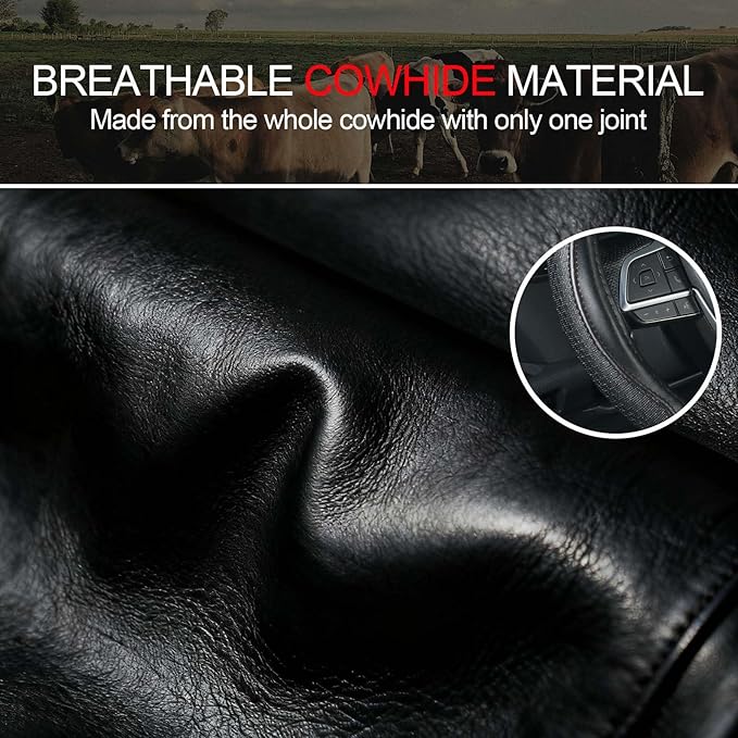 KAFEEK 15 Inch Genuine Top-Grain Leather Steering Wheel Cover, Anti-Slip Diamond Grid Texture, Breathable Cowhide Car Steerin