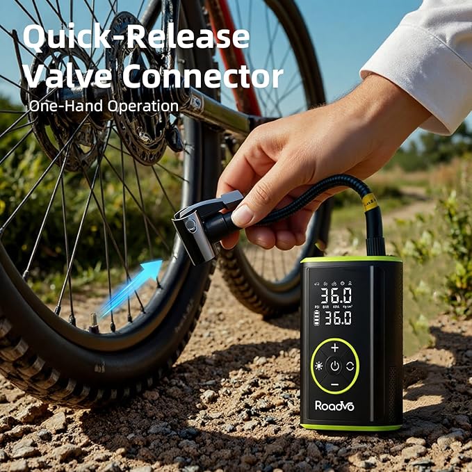 Roadvo Portable Tire Inflator Air Compressor, 150PSI Cordless Tire Pump & Bicycle Pump with 10000mAh Battery, 24L/Min Fast Inflation, Auto Shut-Off, Digital Gauge, LED Light for Car, Bike, Motorcycle
